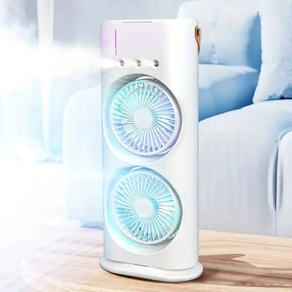 HEBEZON Double Fan Tower Fan with 3 Hole Mist Spray - 3 Speed Settings, 90° Oscillation, Ultra-Quiet, Portable Cooling Fan for Home and Office