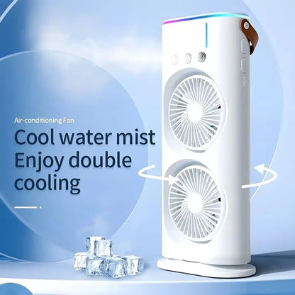 HEBEZON Double Fan Tower Fan with 3 Hole Mist Spray - 3 Speed Settings, 90° Oscillation, Ultra-Quiet, Portable Cooling Fan for Home and Office