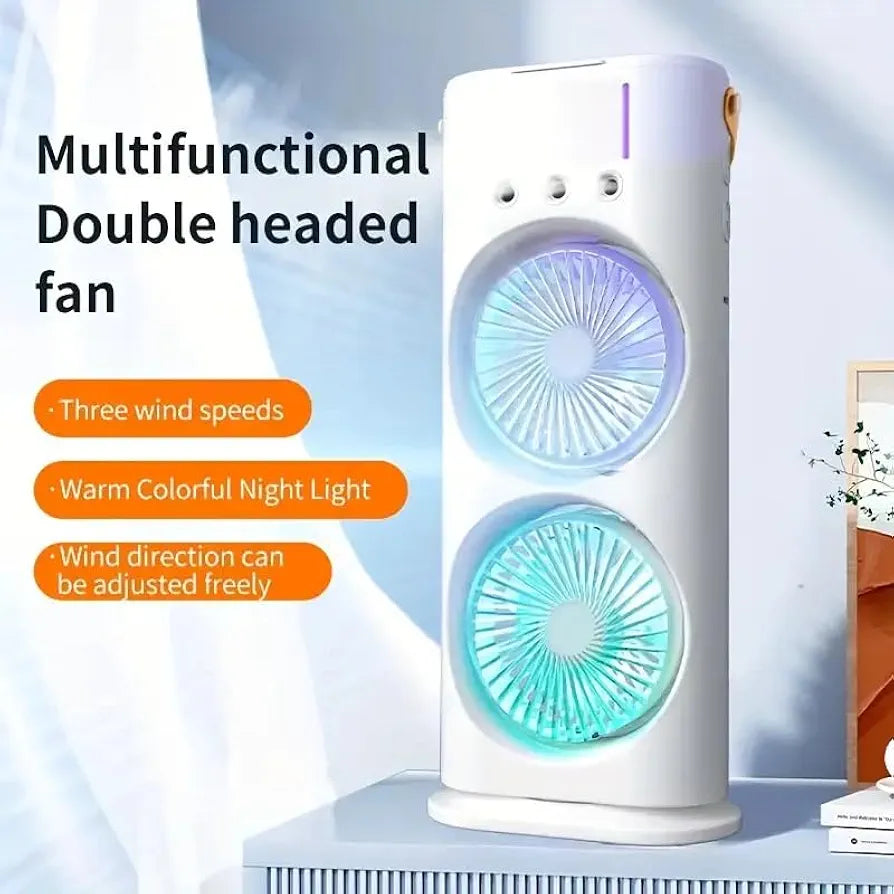 HEBEZON Double Fan Tower Fan with 3 Hole Mist Spray - 3 Speed Settings, 90° Oscillation, Ultra-Quiet, Portable Cooling Fan for Home and Office