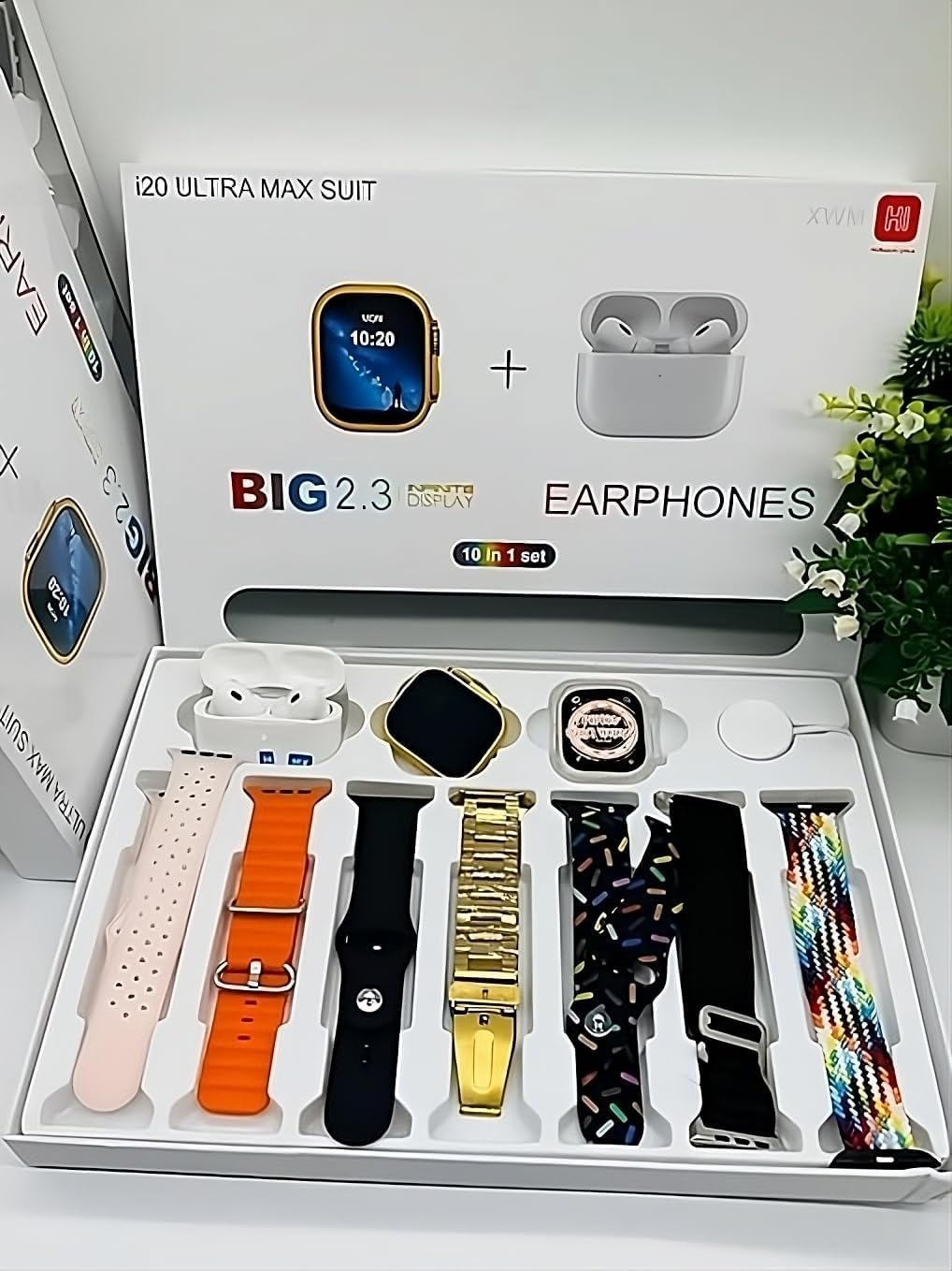 i20 Ultra MAX Suit(10 in 1 Set) SmartWatch + Aiir pods Pro with Transparent Screen Guard Watch with Seven Decorated Straps