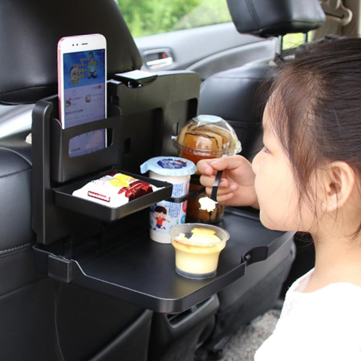 Car Backseat Food Travel Dining Meal & Snack Tray & Cup Holder for All Cars (Black) - 1 Piece