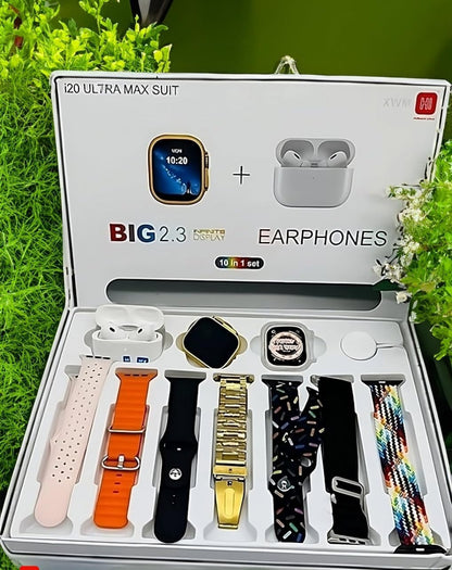 i20 Ultra MAX Suit(10 in 1 Set) SmartWatch + Aiir pods Pro with Transparent Screen Guard Watch with Seven Decorated Straps