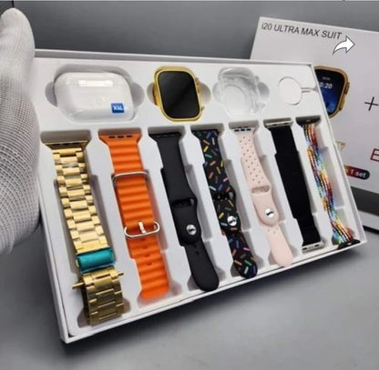 i20 Ultra MAX Suit(10 in 1 Set) SmartWatch + Aiir pods Pro with Transparent Screen Guard Watch with Seven Decorated Straps